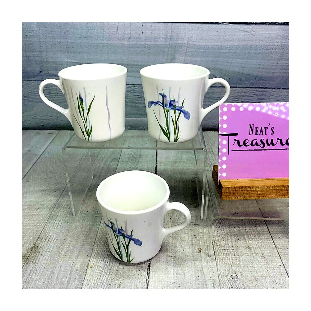 Corelle Corning SHADOW IRIS Purple Pastel Flowers White 8oz Stoneware Cups Set